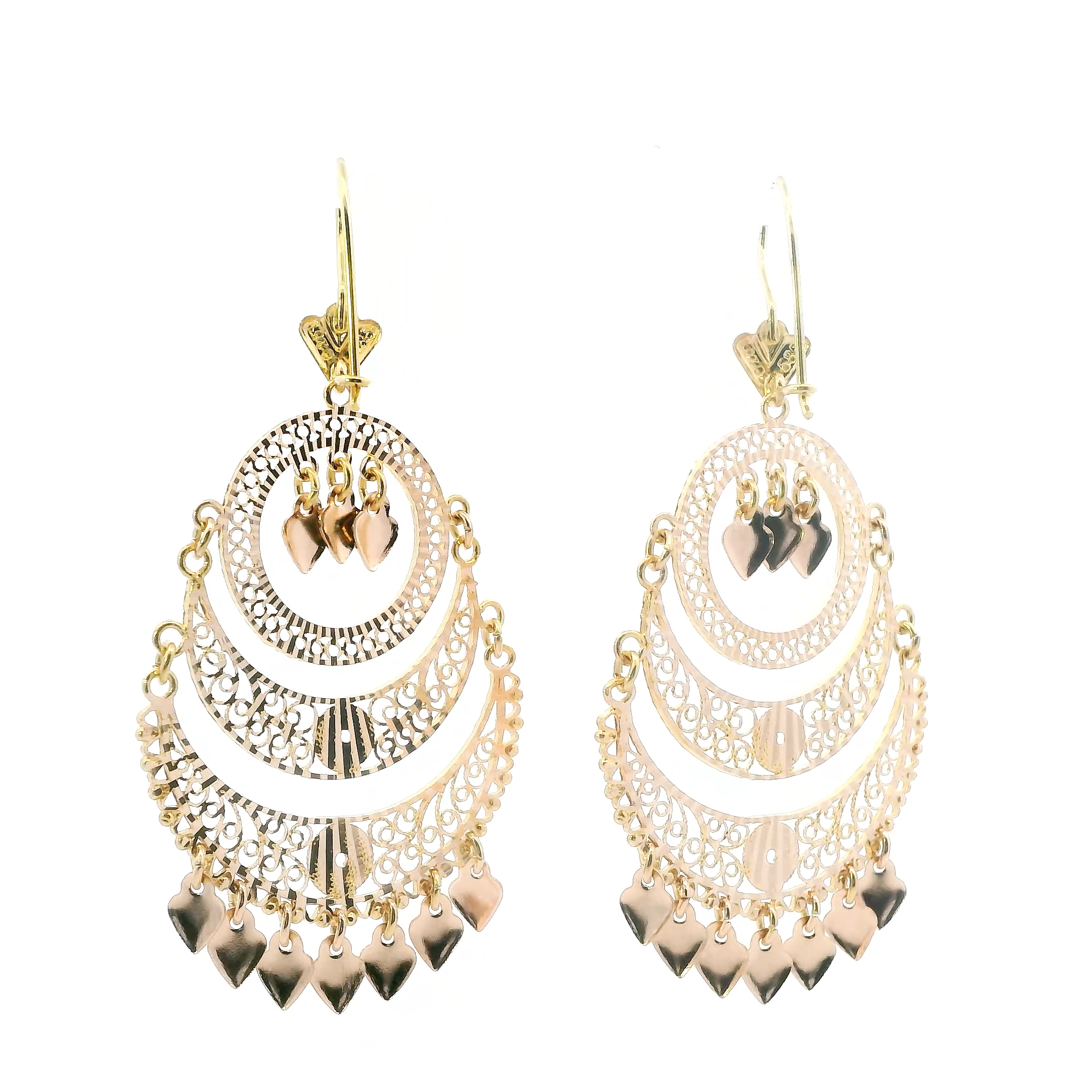 14K Yellow Gold Filigree Chandelier Dangle Hearts Earrings