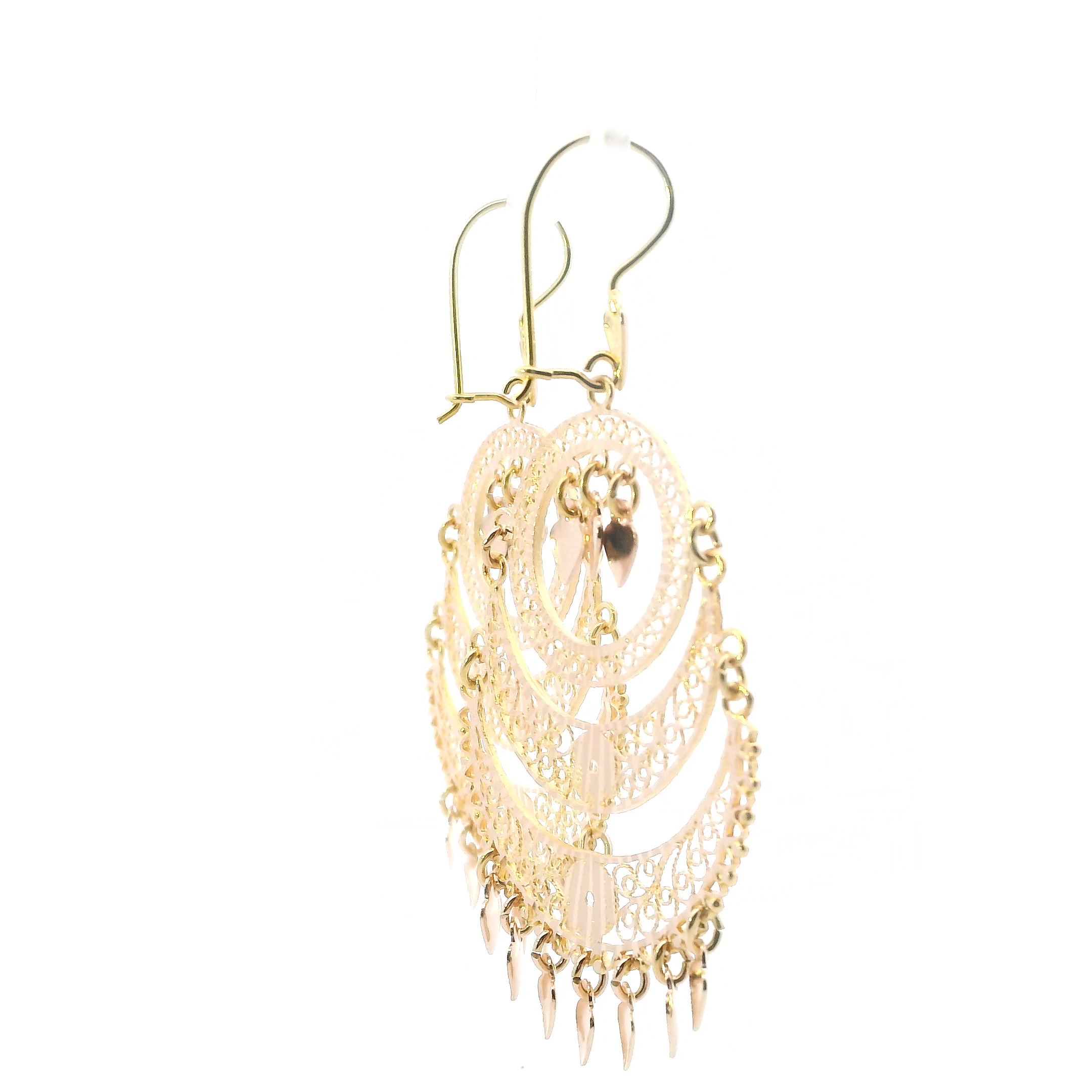 14K Yellow Gold Filigree Chandelier Dangle Hearts Earrings