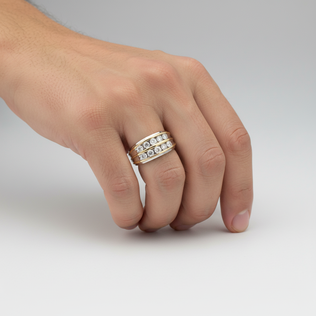 10K White & Yellow Gold Diamonds Mens Ring - 1.00ct