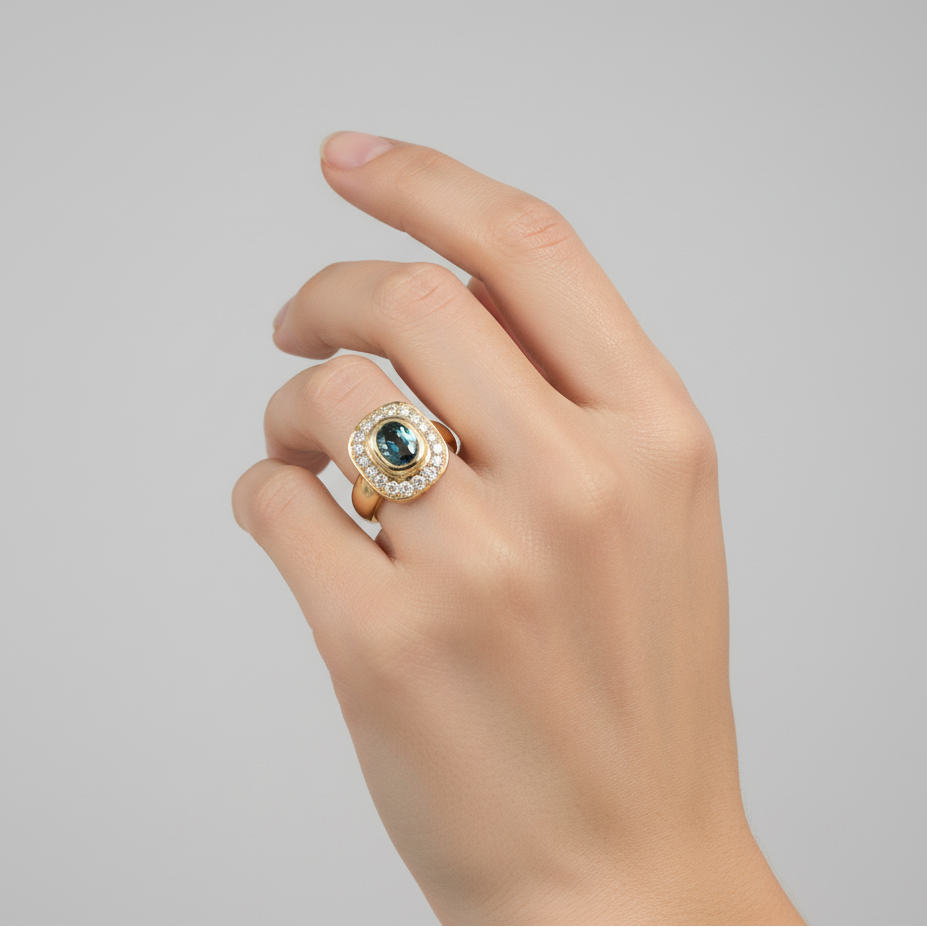 14K Yellow Gold Blue Sapphire & Diamonds Womans Ring - 0.36