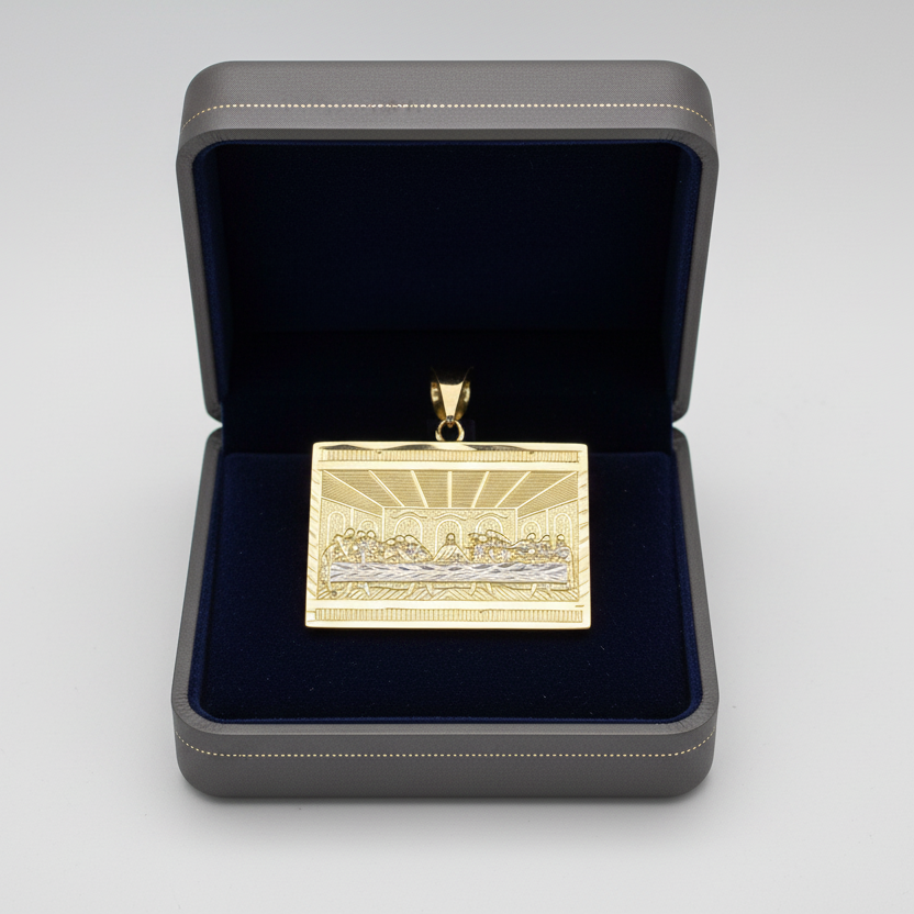 14K Yellow Gold Diamond Cut Rectangle Last Supper Pendant