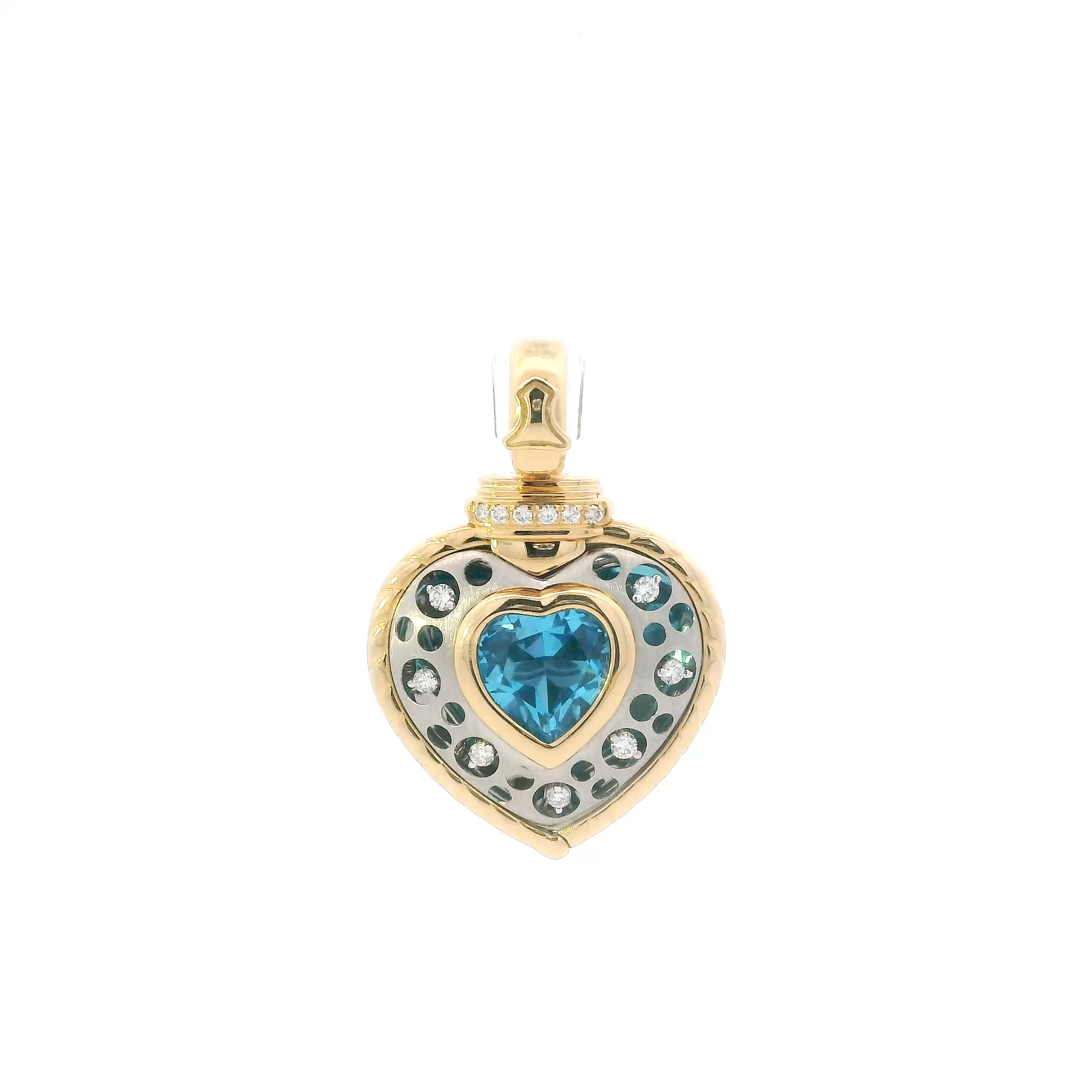 18K Yellow Gold & Platinum Blue Topaz & Diamonds Heart Pendant By 