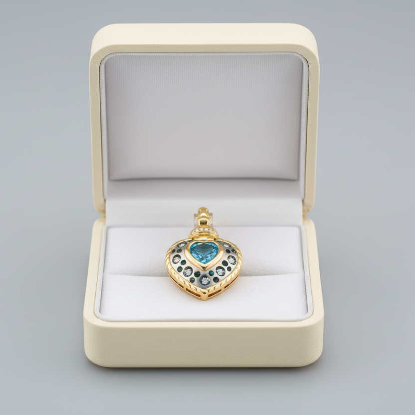 18K Yellow Gold & Platinum Blue Topaz & Diamonds Heart Pendant By "C Natasha"