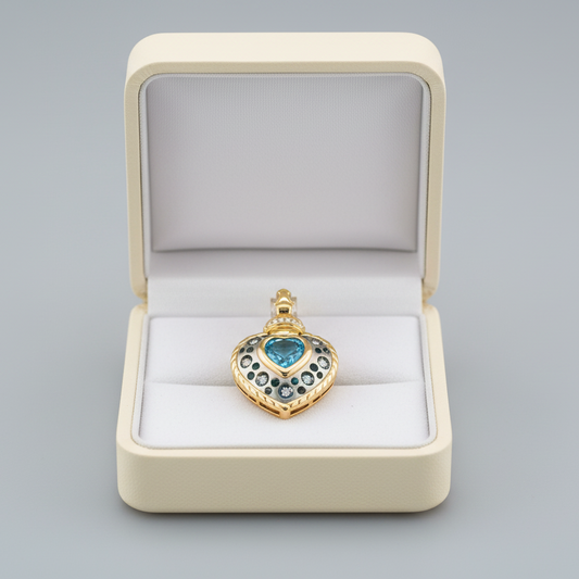 18K Yellow Gold & Platinum Blue Topaz & Diamonds Heart Pendant By "C Natasha"