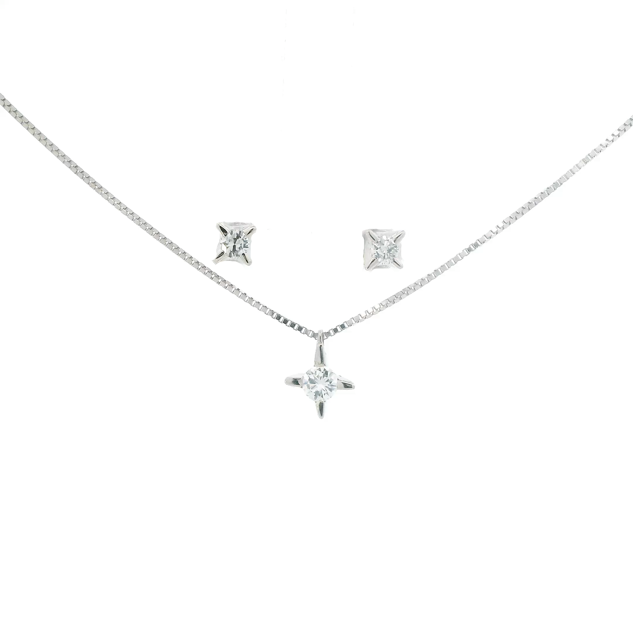 14K White Gold Solitaire Earrings & Pendant W/ 18