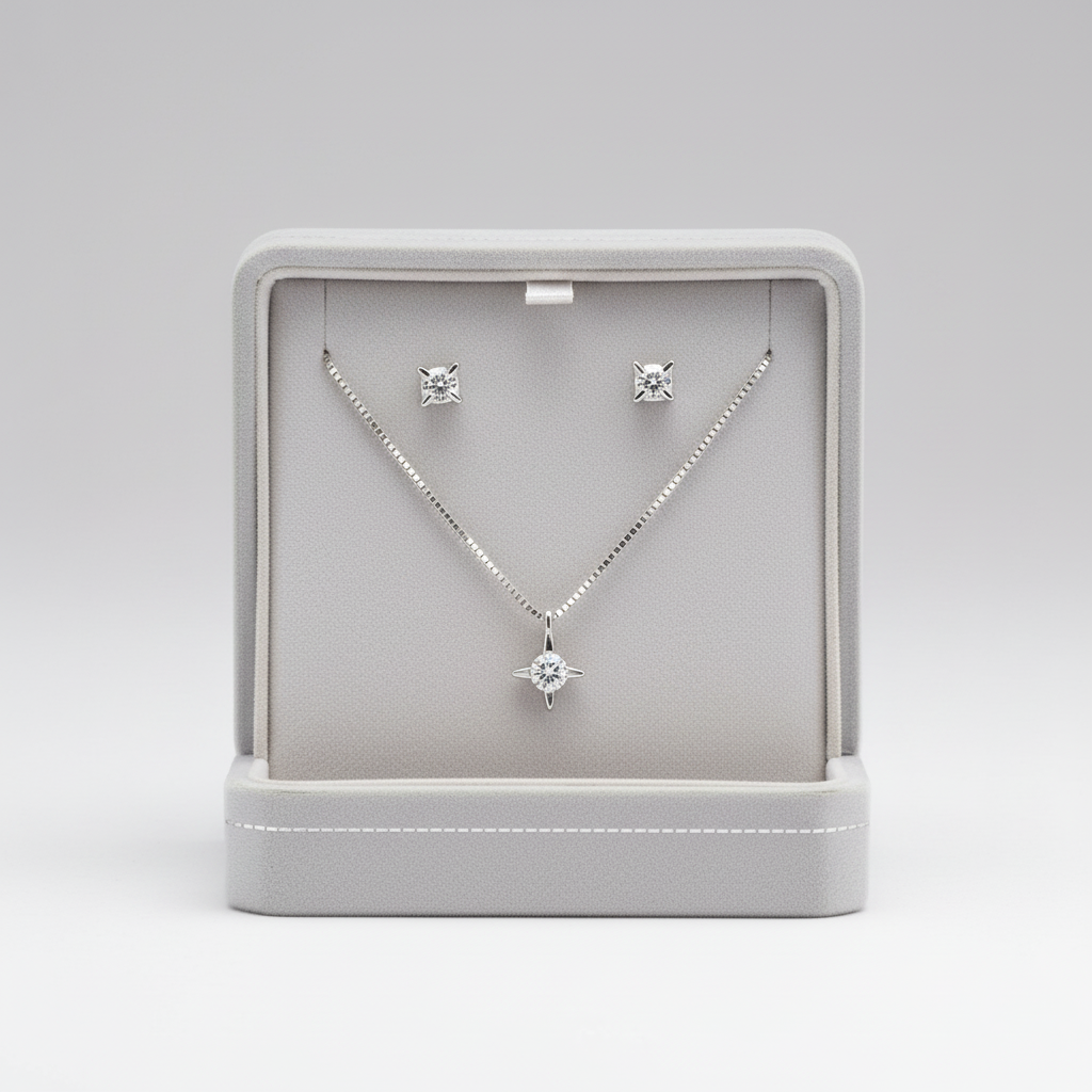 14K White Gold Solitaire Earrings & Pendant W/ 18" Box Chain - 0.60ct