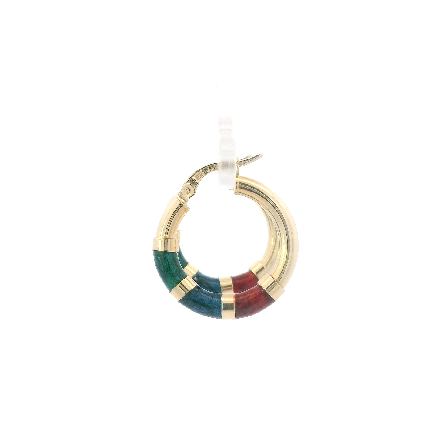 14K Yellow Gold Red, Blue, Green Stripe Enamel Hoop Earrings