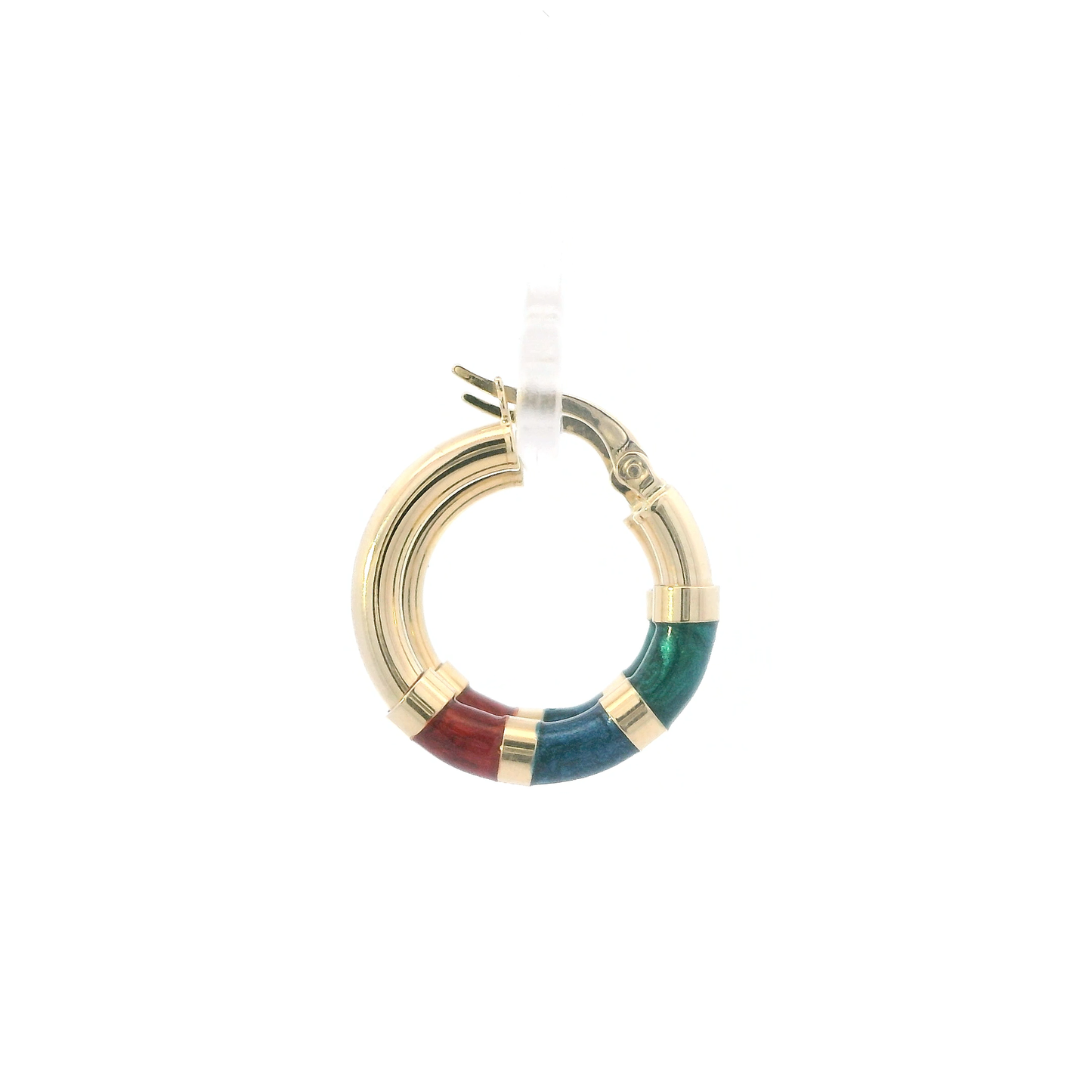14K Yellow Gold Red, Blue, Green Stripe Enamel Hoop Earrings