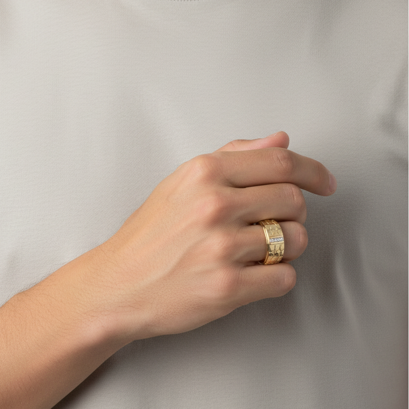 14K Yellow Gold Diamond Nugget Mens Ring - 0.03ct