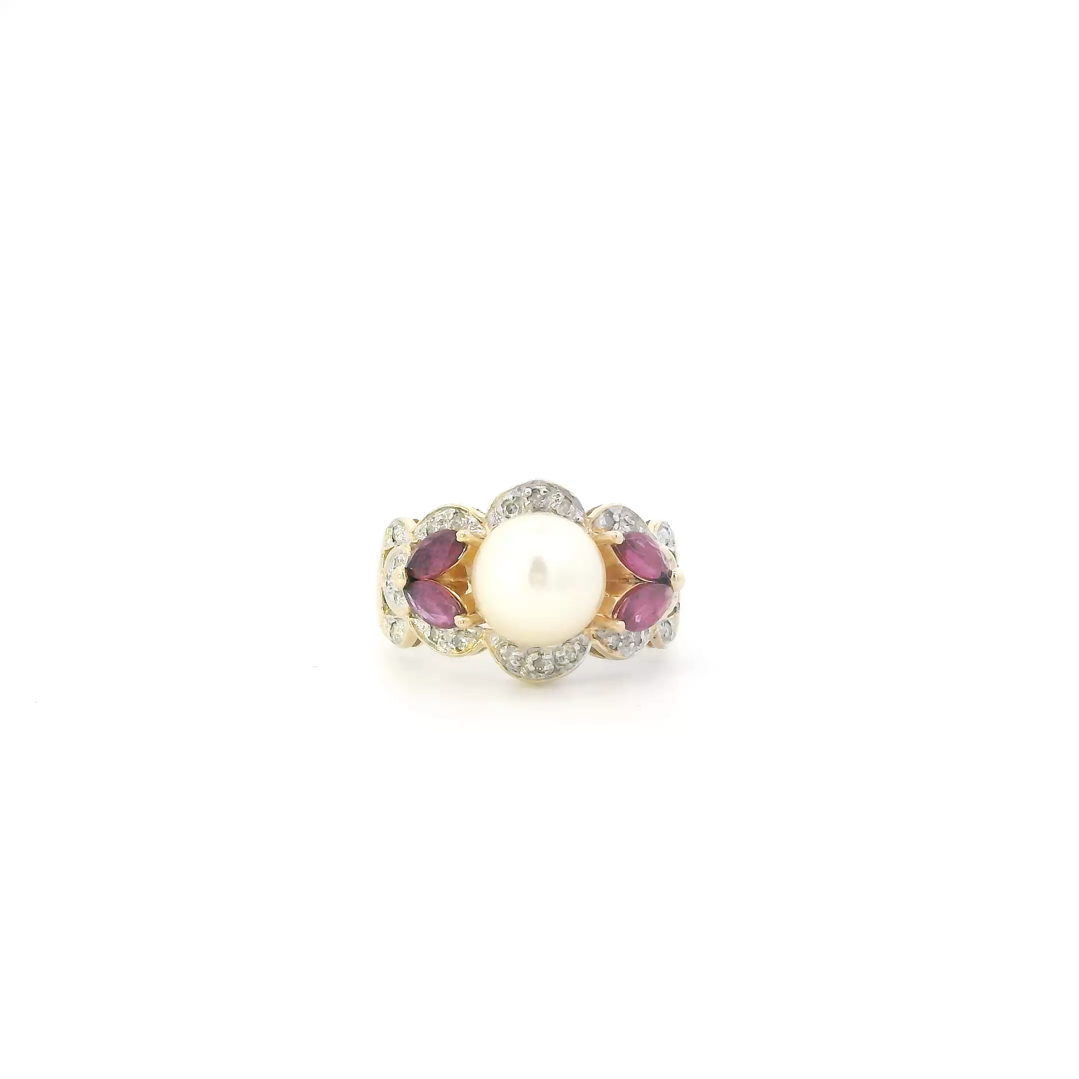 14K Yellow Gold Pearl & Rubies Womans Ring