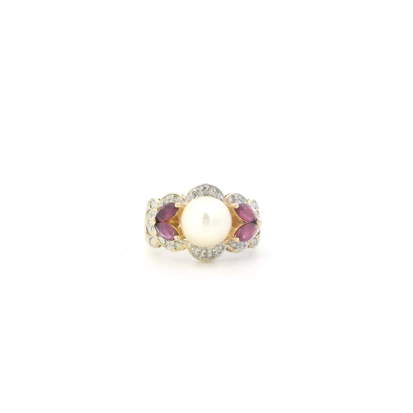 14K Yellow Gold Pearl & Rubies Womans Ring