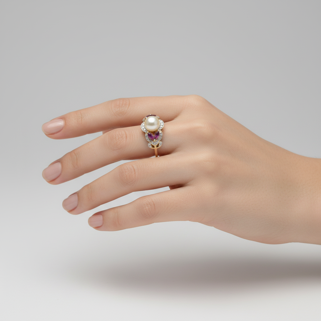 14K Yellow Gold Pearl & Rubies Womans Ring