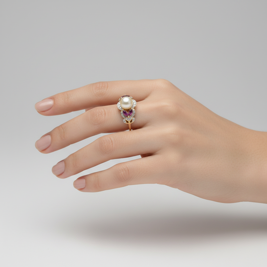 14K Yellow Gold Pearl & Rubies Womans Ring