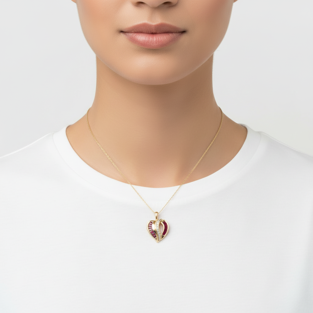 10K Yellow Gold Rubies & Diamonds Heart Pendant - 0.04ct