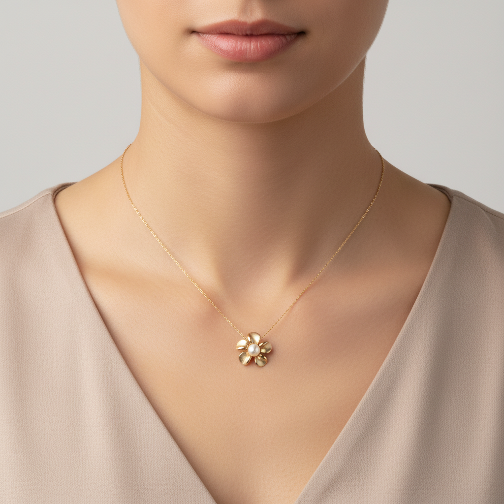 14K Yellow Gold Pearl Flower Pendant
