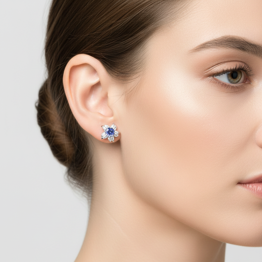 14K White Gold Tanzanite Flower Womans Ring & Tanzanite Earrings Set