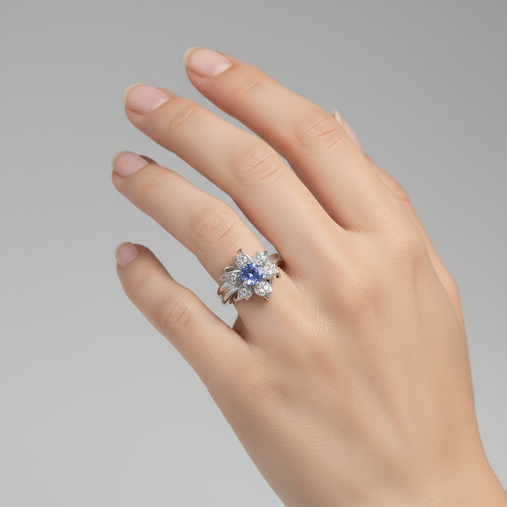 14K White Gold Tanzanite Flower Womans Ring & Tanzanite Earrings Set