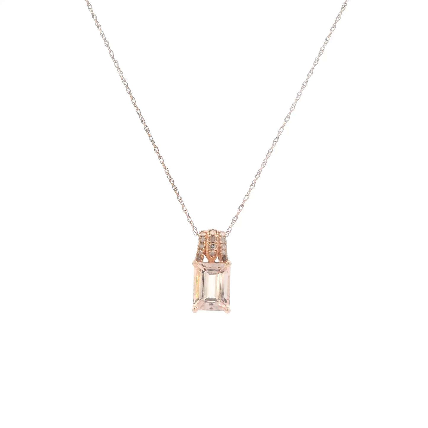 14K Rose Gold Morganite & Diamonds Pendant & 18" Rope Chain - 0.10ct