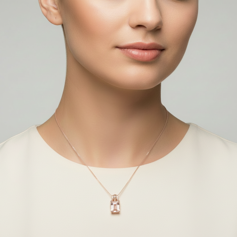 14K Rose Gold Morganite & Diamonds Pendant & 18