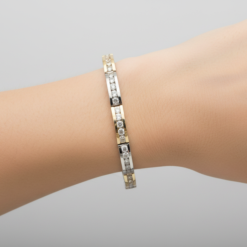 14K Yellow & White Gold Diamonds Tennis Bracelet - 3.20ct