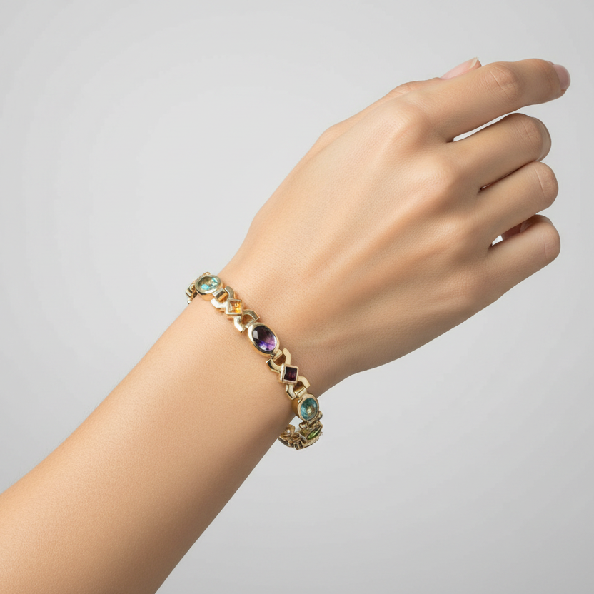 14K Yellow Gold Garnet, Citrine, Peridot, Amethysts, & Topaz Bracelet