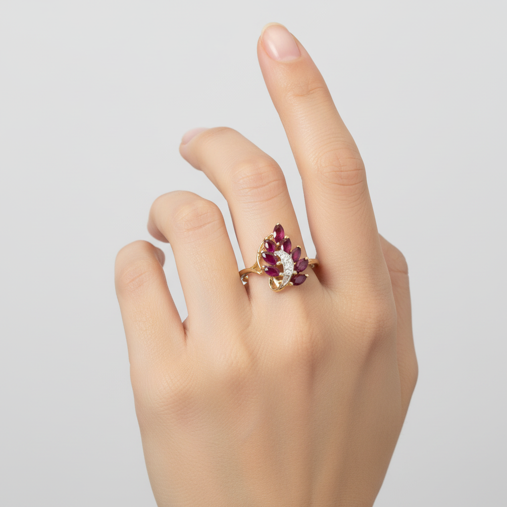 14K Yellow Gold Diamonds & Rubies Womans Ring - 0.02ct