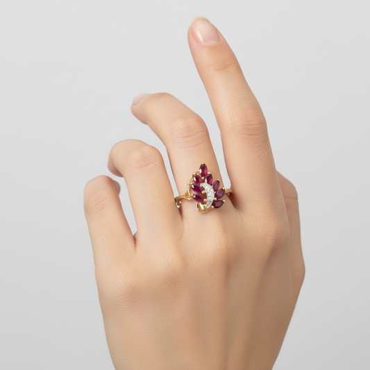 14K Yellow Gold Diamonds & Rubies Womans Ring - 0.02ct