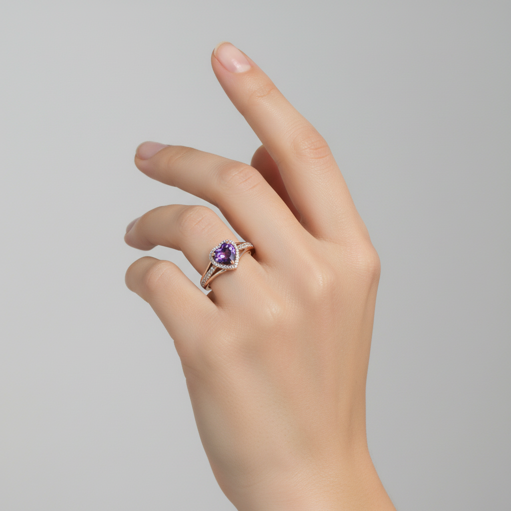 10K Rose Gold Synthetic Amethyst & Diamonds Womans Ring - 0.23ct