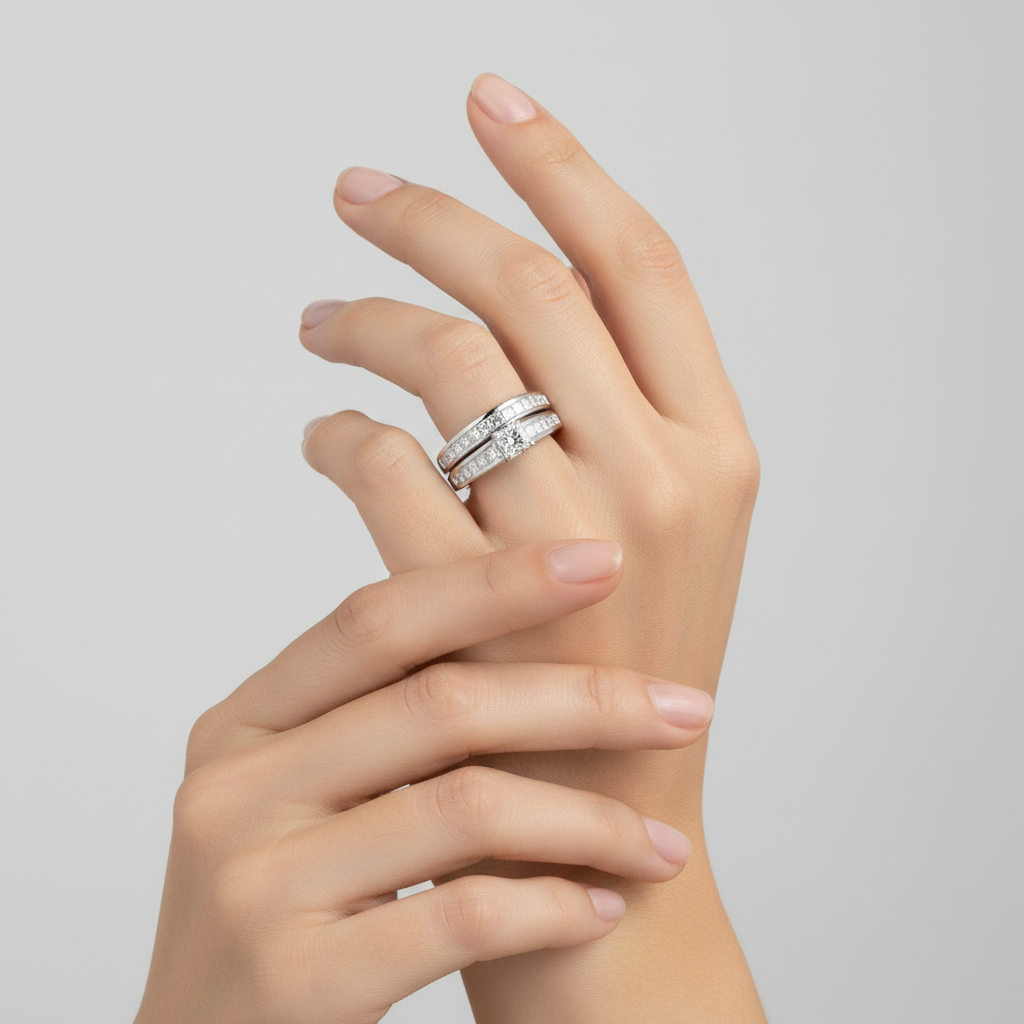 14K White Gold Womans Diamond Engagement & Wedding Ring Set - 1.22ct