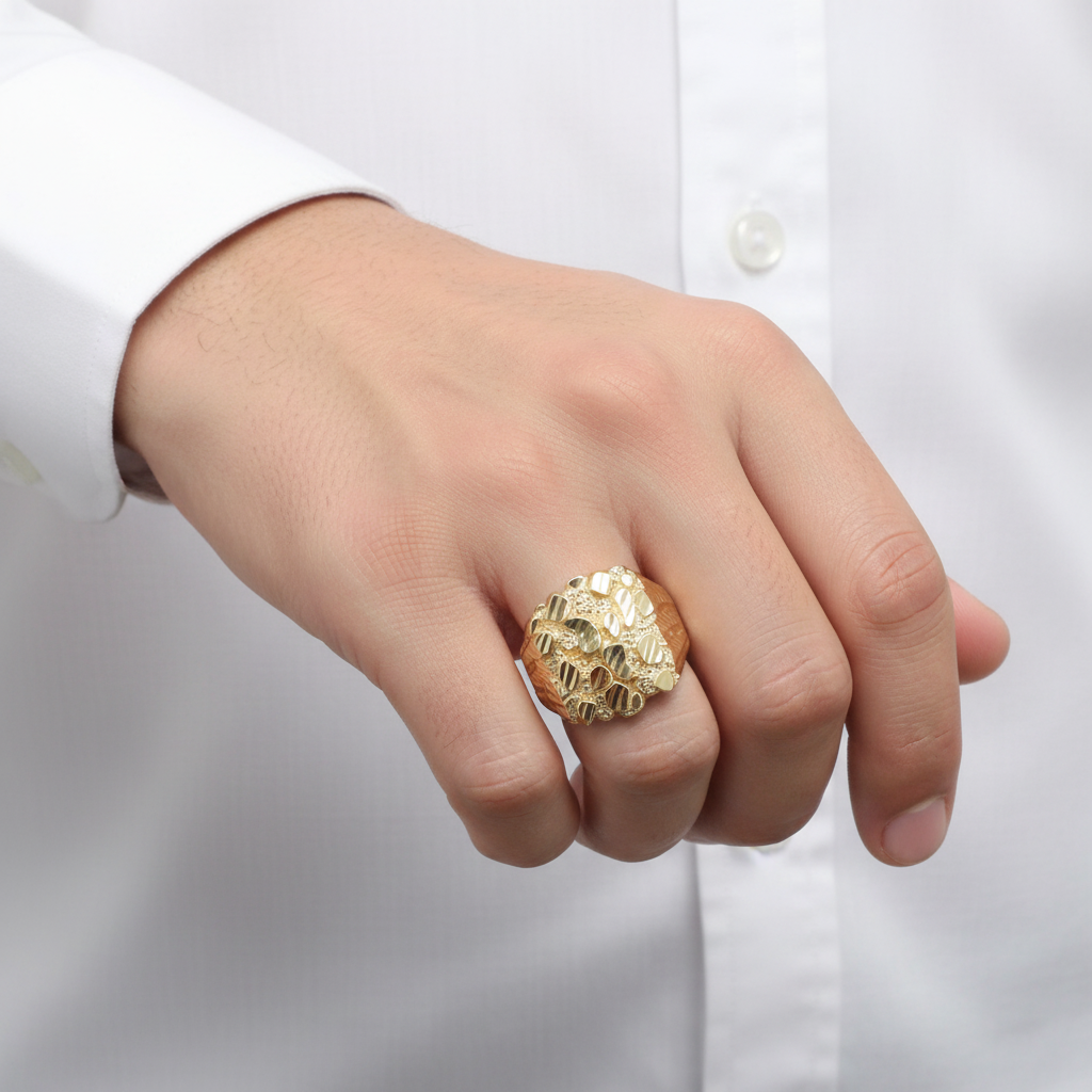 14K Yellow Gold Nugget Mens Ring