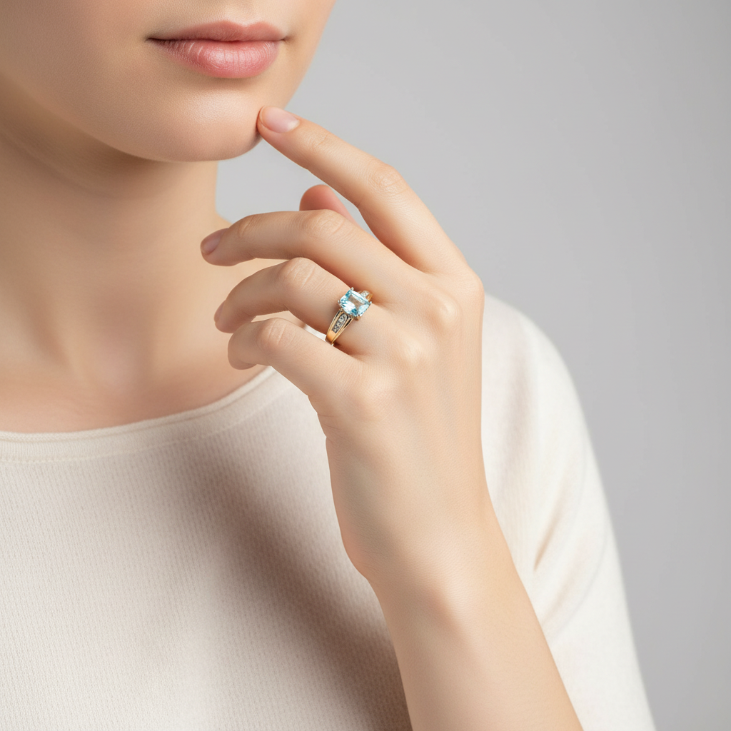 10K Yellow Gold Checkerboard Topaz & Diamonds Womens Ring