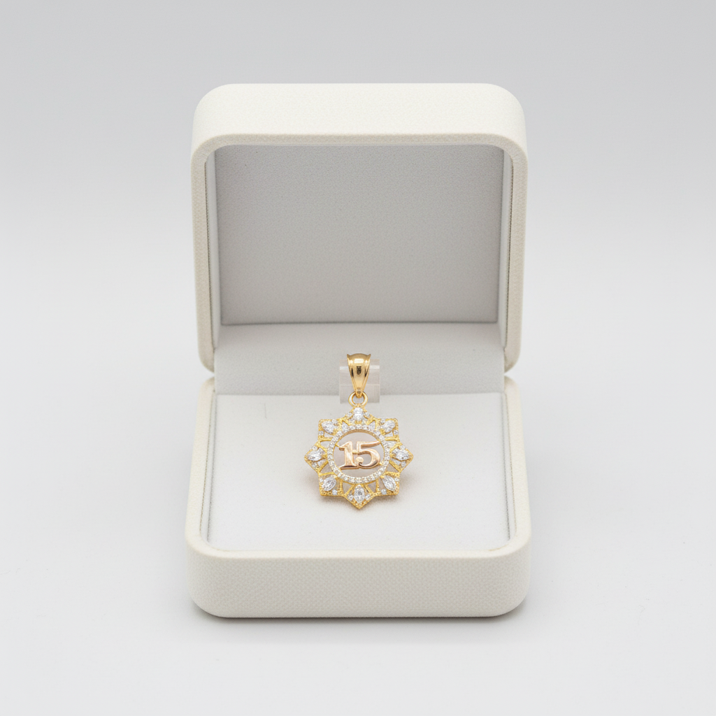 14K Tri Color Gold Cz "15" Pendant