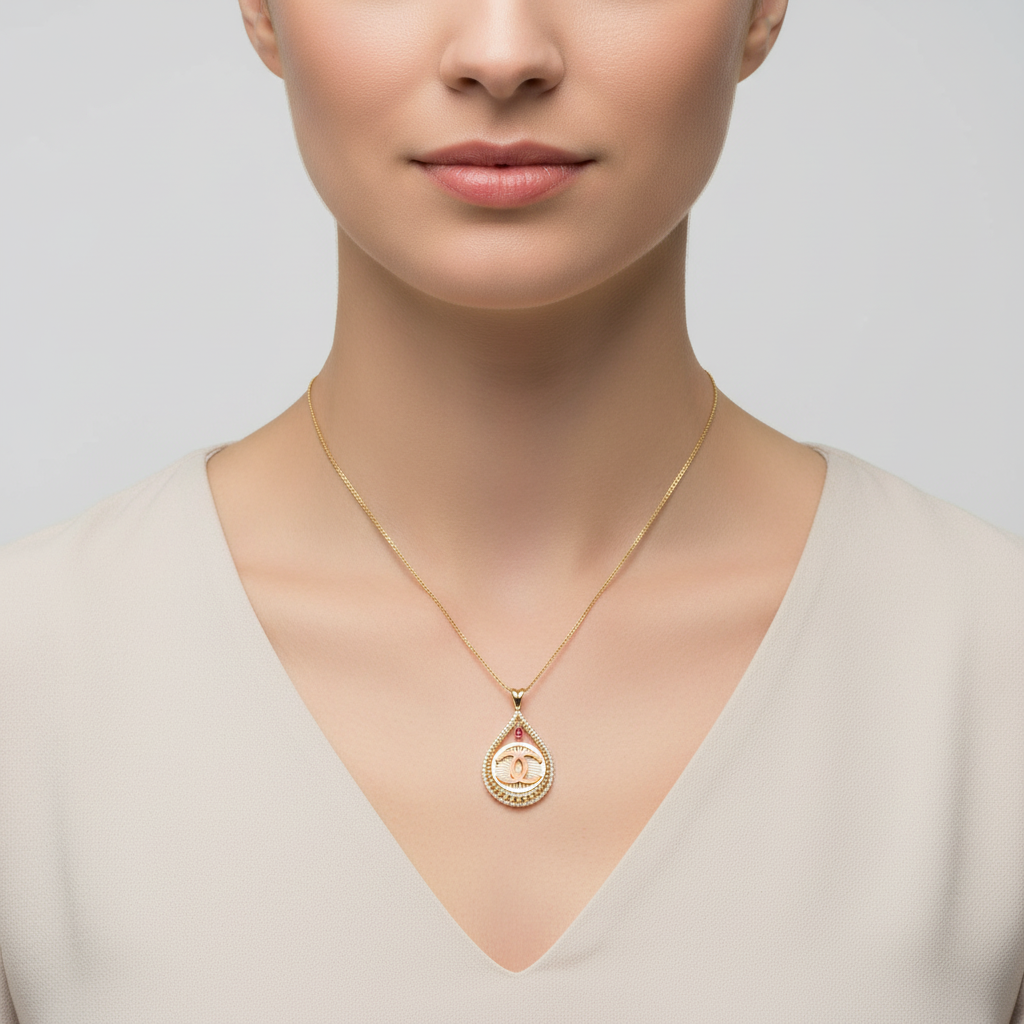 14K Yellow Gold Pear Shape "CC" Ruby Pendant & 18" Franco Chain