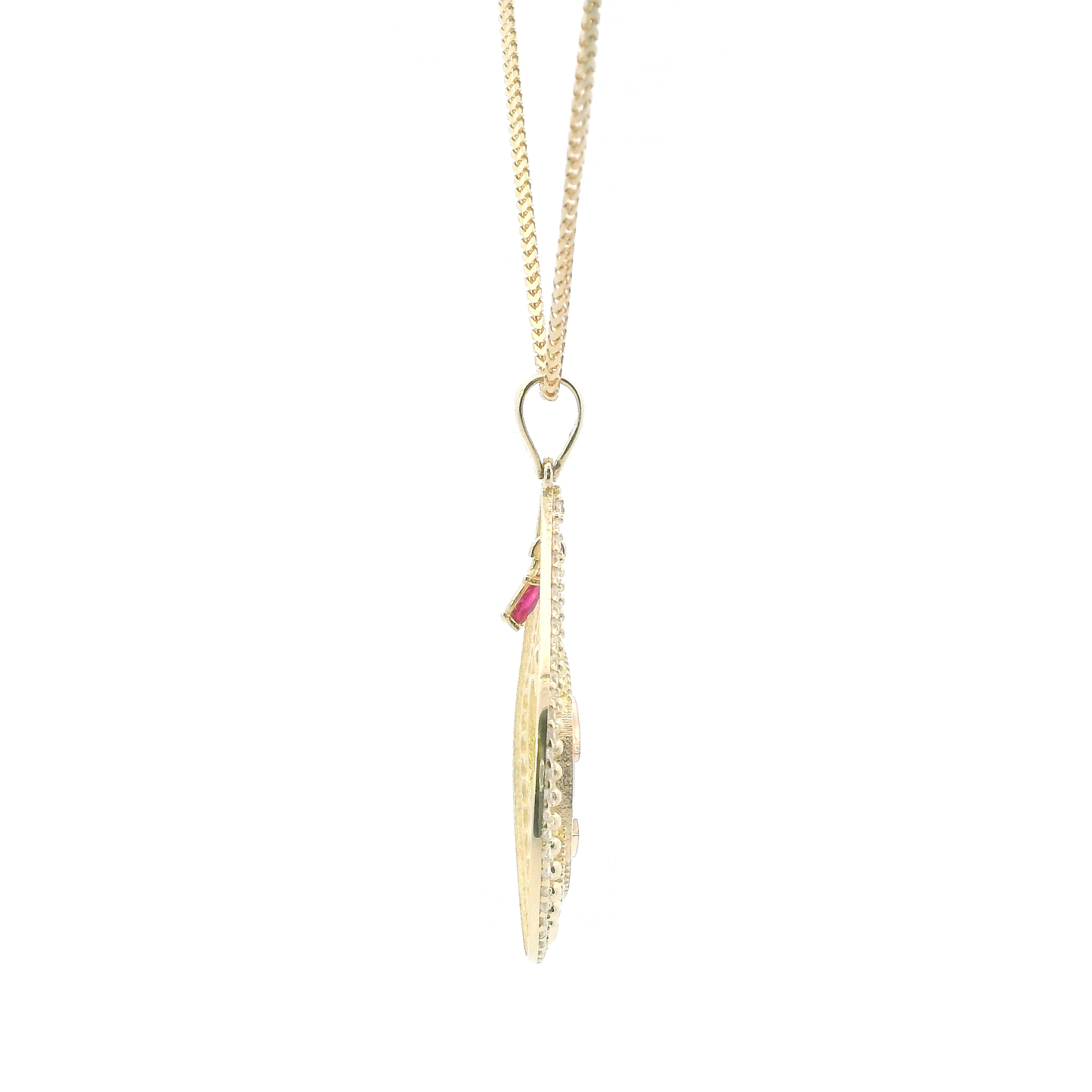 14K Yellow Gold Pear Shape "CC" Ruby Pendant & 18" Franco Chain