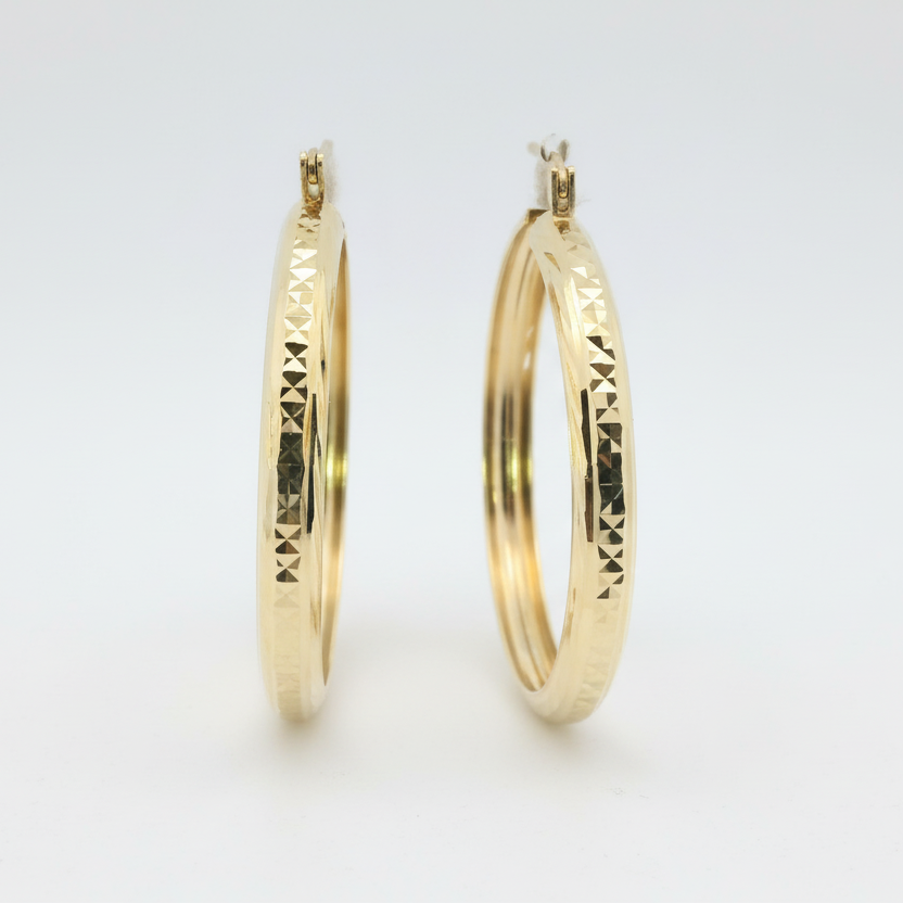 14K Yellow Gold Diamond Cut Hoop Earrings