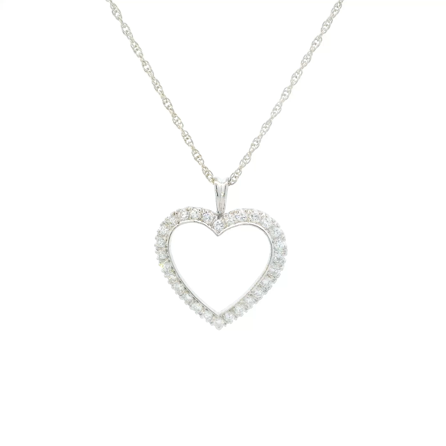 14K White Gold Diamonds Heart Pendant & 18" Rope Chain - 0.56ct
