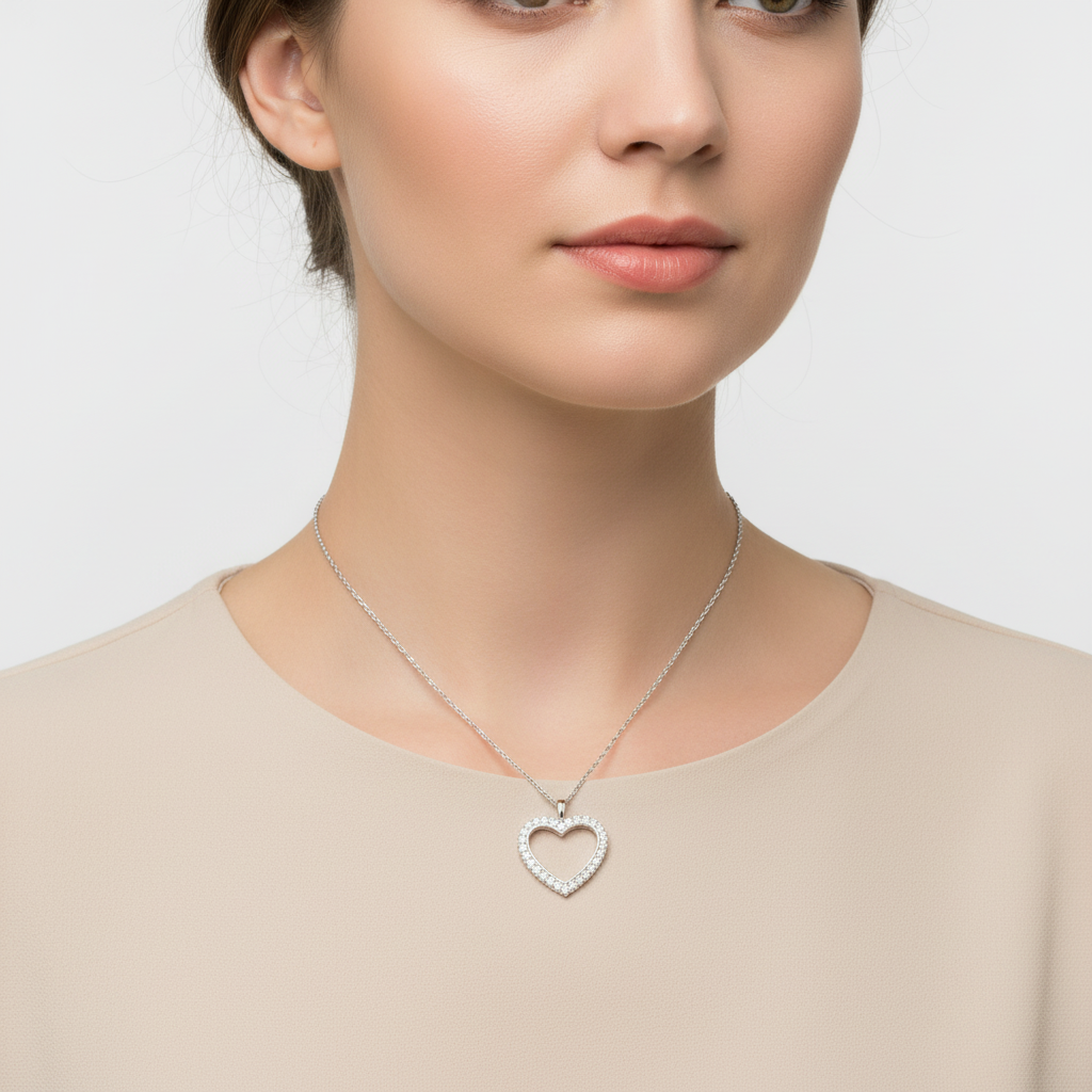 14K White Gold Diamonds Heart Pendant & 18" Rope Chain - 0.56ct