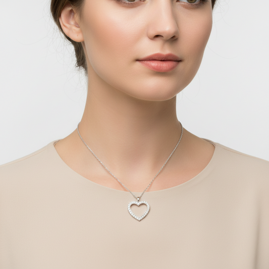 14K White Gold Diamonds Heart Pendant & 18" Rope Chain - 0.56ct