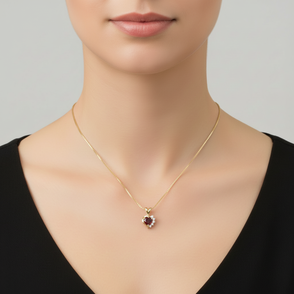 14K Yellow Gold Heart Garnet & Diamonds Pendant & 17