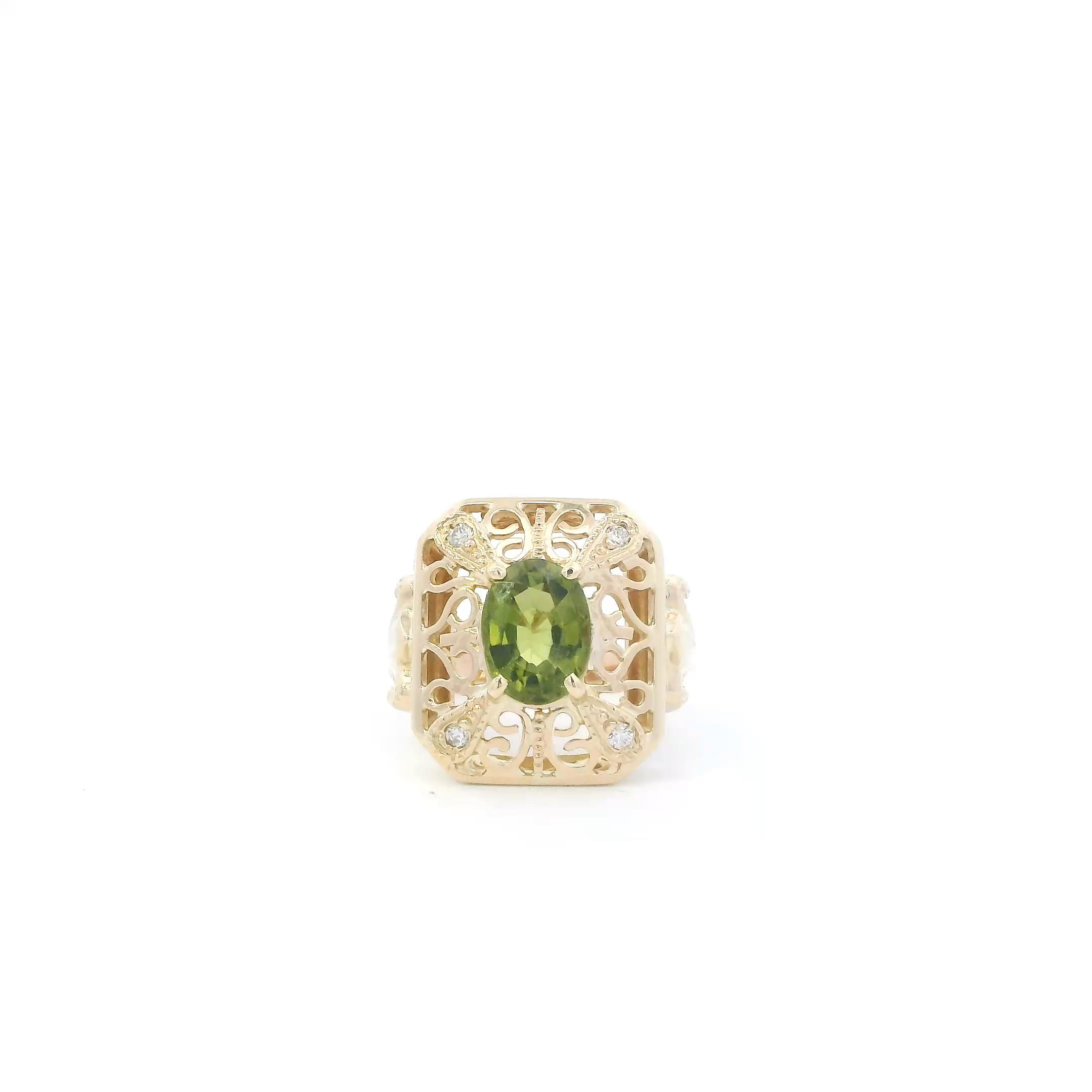 14K Yellow Gold Peridot Filigree Womens Ring