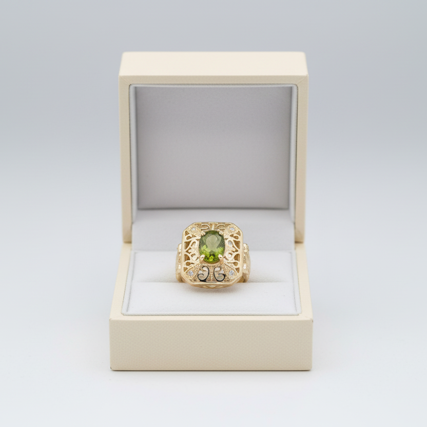 14K Yellow Gold Peridot Filigree Womens Ring