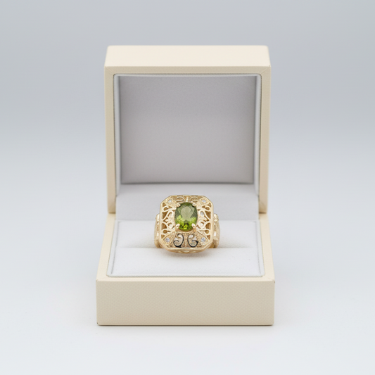 14K Yellow Gold Peridot Filigree Womens Ring
