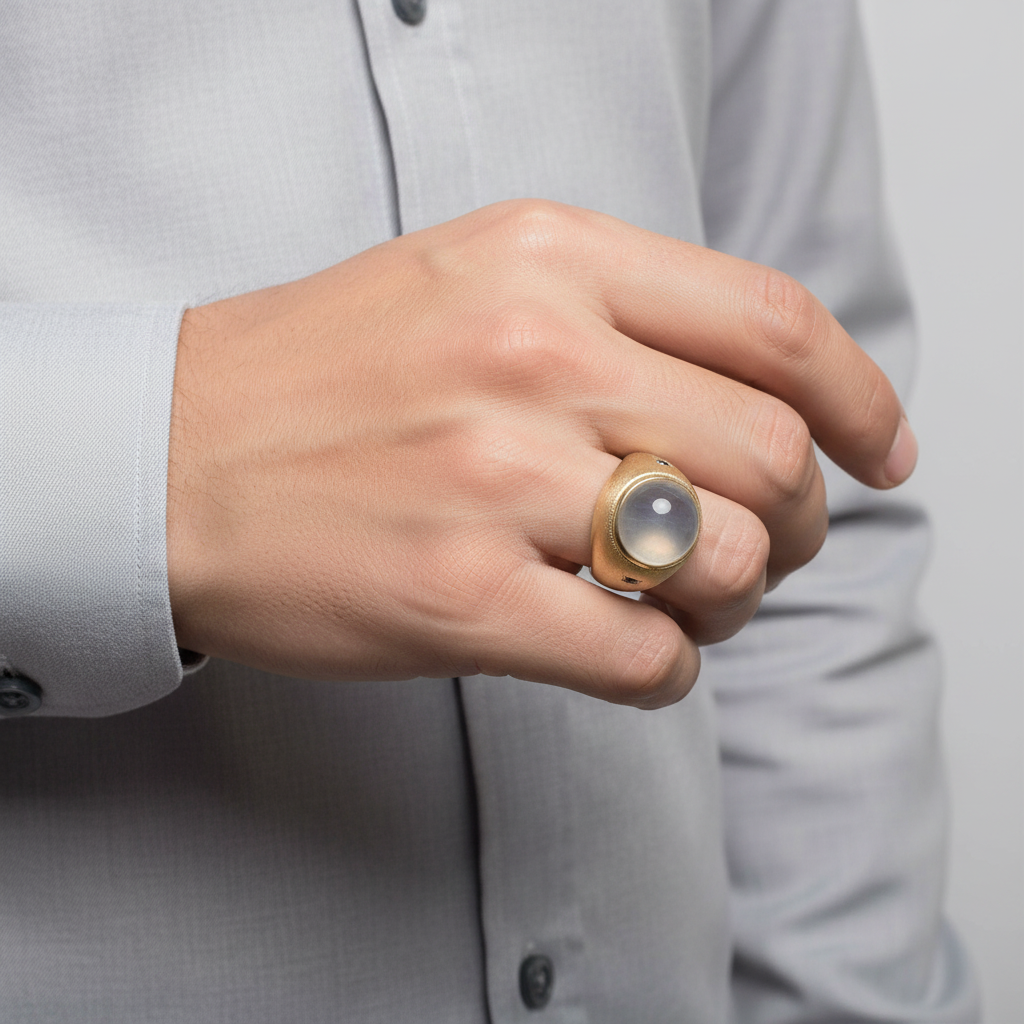 10K Yellow Gold Moonstone & Ruby Mens Ring