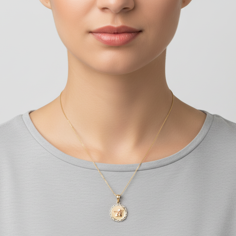 14K Tri Color Gold Round Angel Pendant