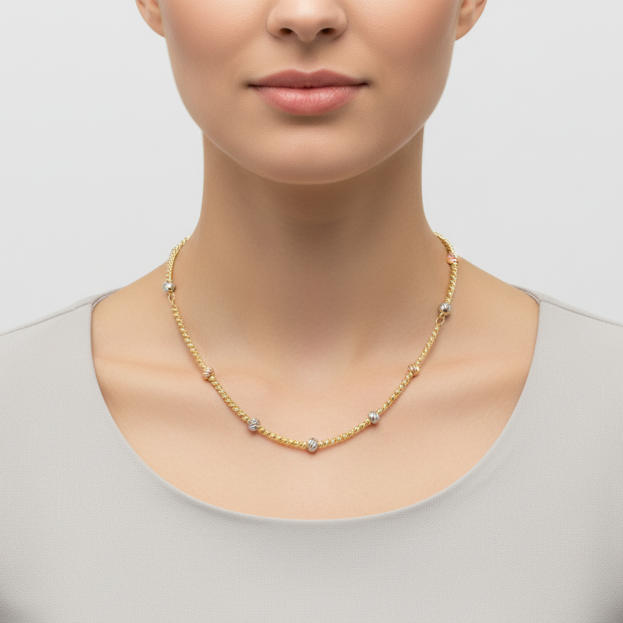 14K Tri Color Gold 18-20" Diamond Cut Beaded Necklace