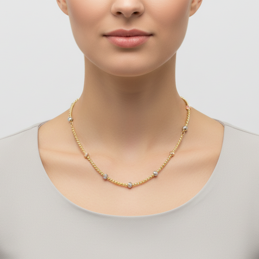 14K Tri Color Gold 18-20" Diamond Cut Hollow Beaded Necklace