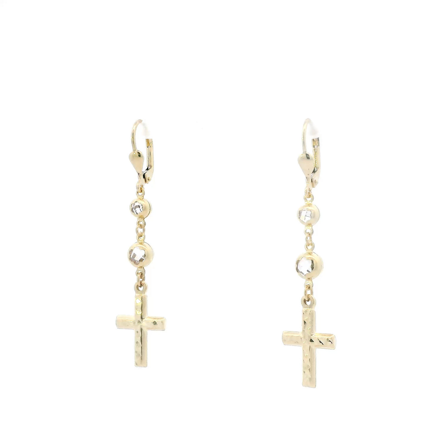 14K Yellow Gold Cz Dangle Cross Lever Back Earrings