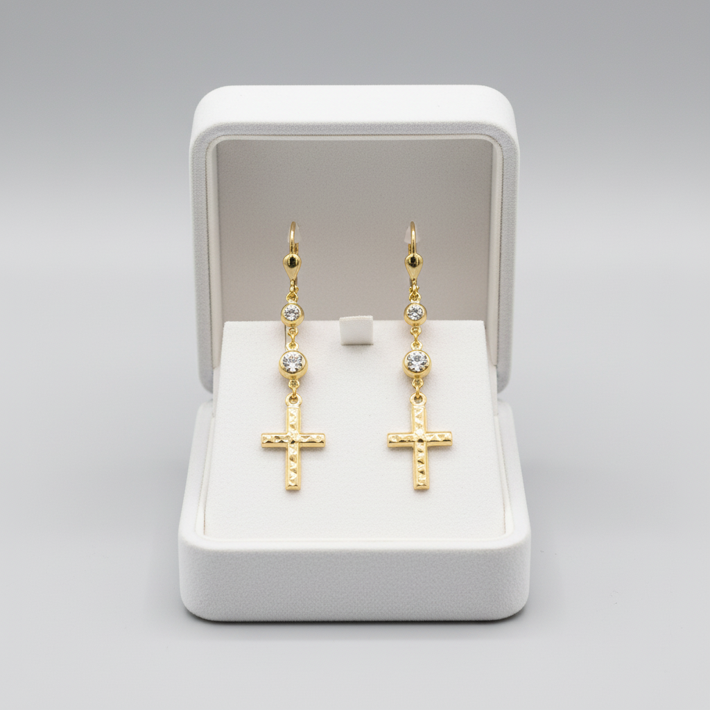 14K Yellow Gold Cz Dangle Cross Lever Back Earrings