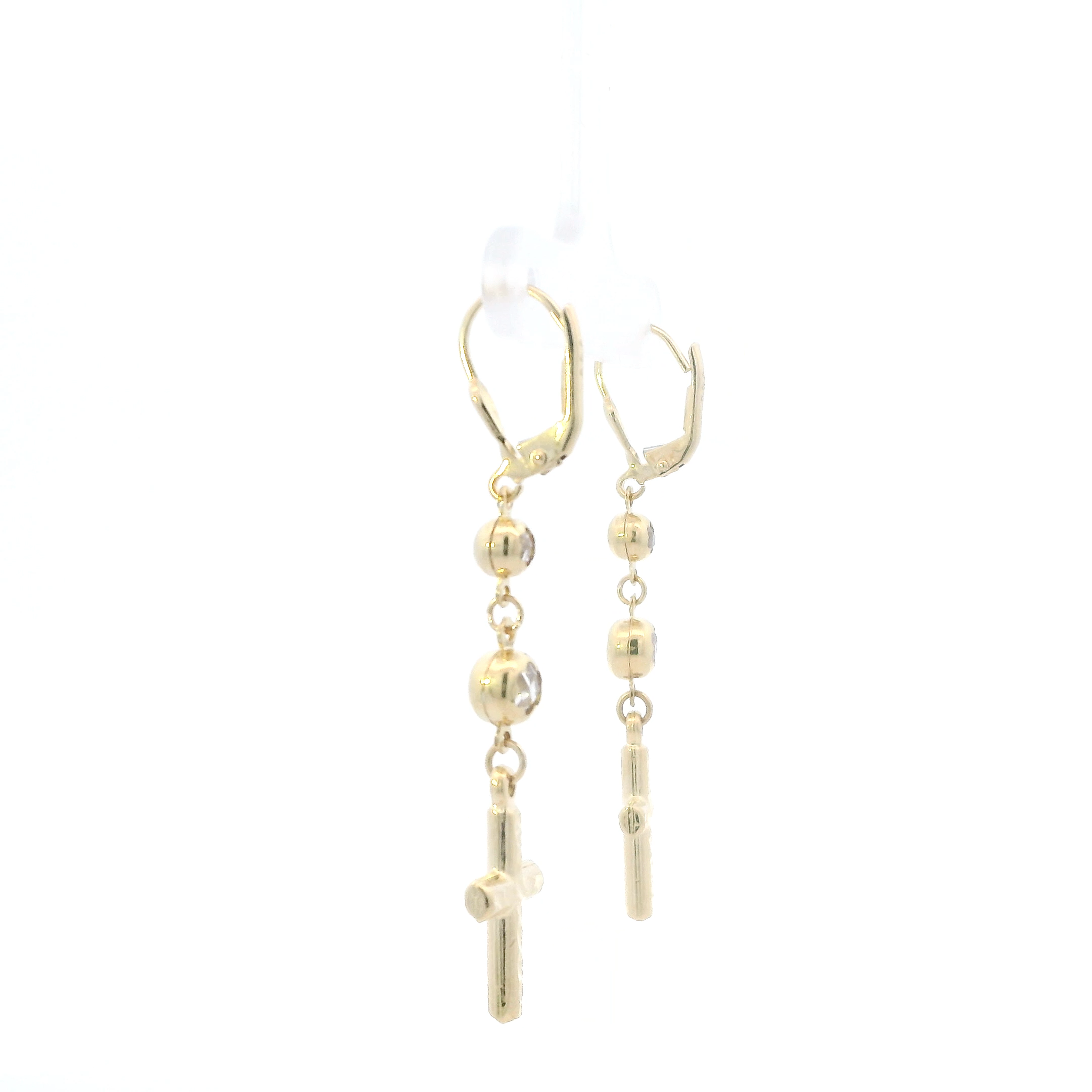 14K Yellow Gold Cz Dangle Cross Lever Back Earrings