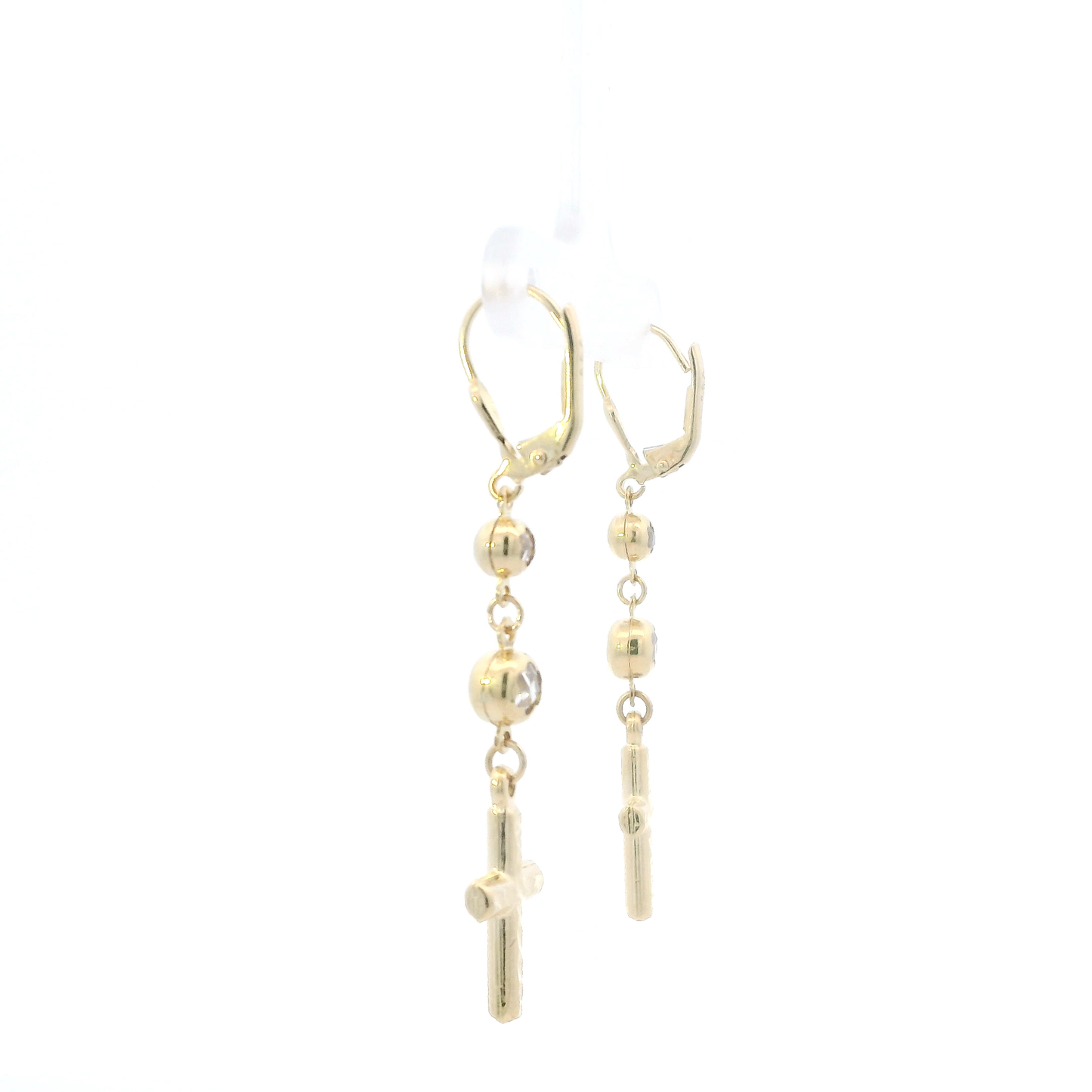 14K Yellow Gold Cz Dangle Cross Lever Back Earrings